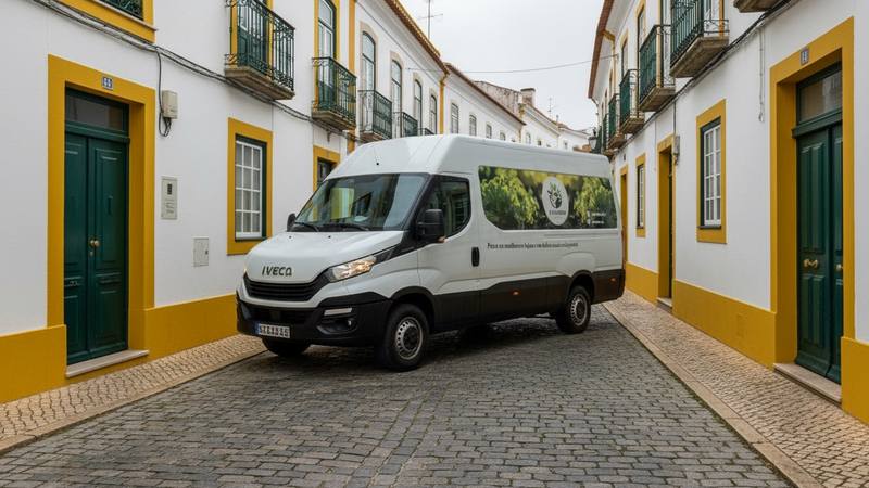 Carrinha Frutalegre numa rua estreita do Alentejo