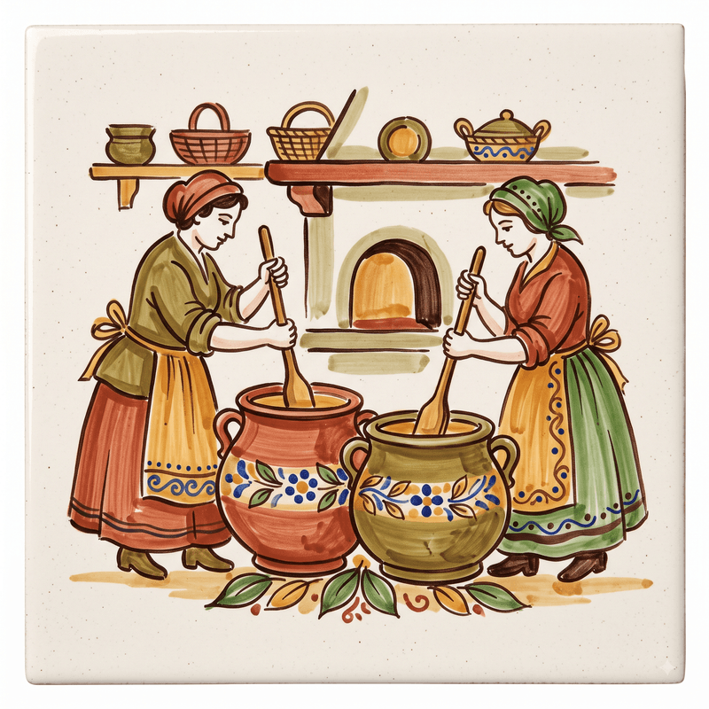 Cozinhas centrais — grandes panelas em azulejo pintado