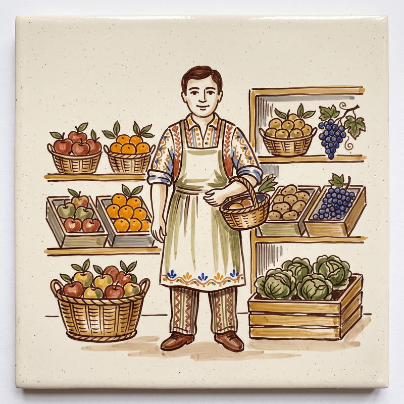 Retalho — frutaria e mercearia, em azulejo pintado